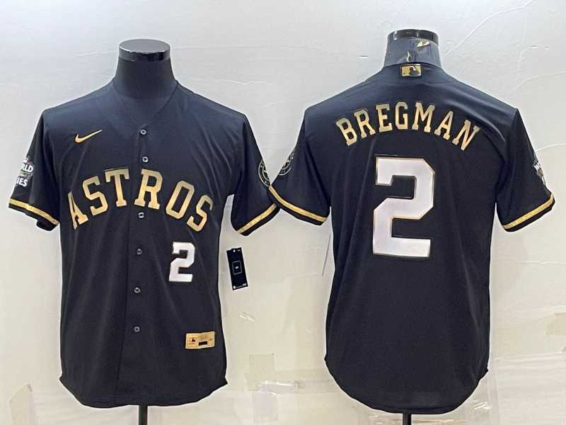 Men%27s Houston Astros #2 Alex Bregman Number Black Gold 2022 World Series Stitched Baseball Jersey